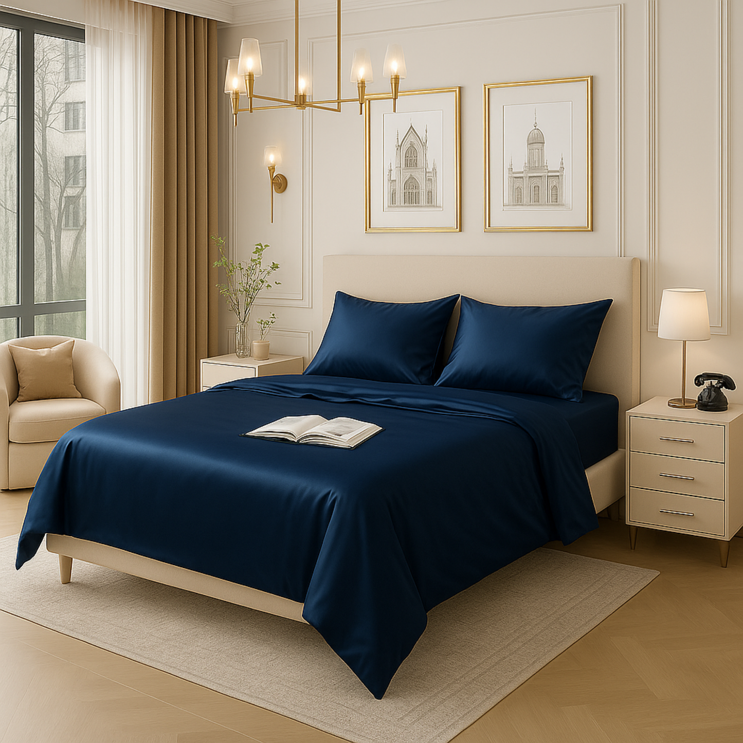 100% Bamboo Bedsheet with 2 Pillow Covers | Winter Sky (Dark Blue Color) | Flat Sheet (Queen / King) | 400 TC |