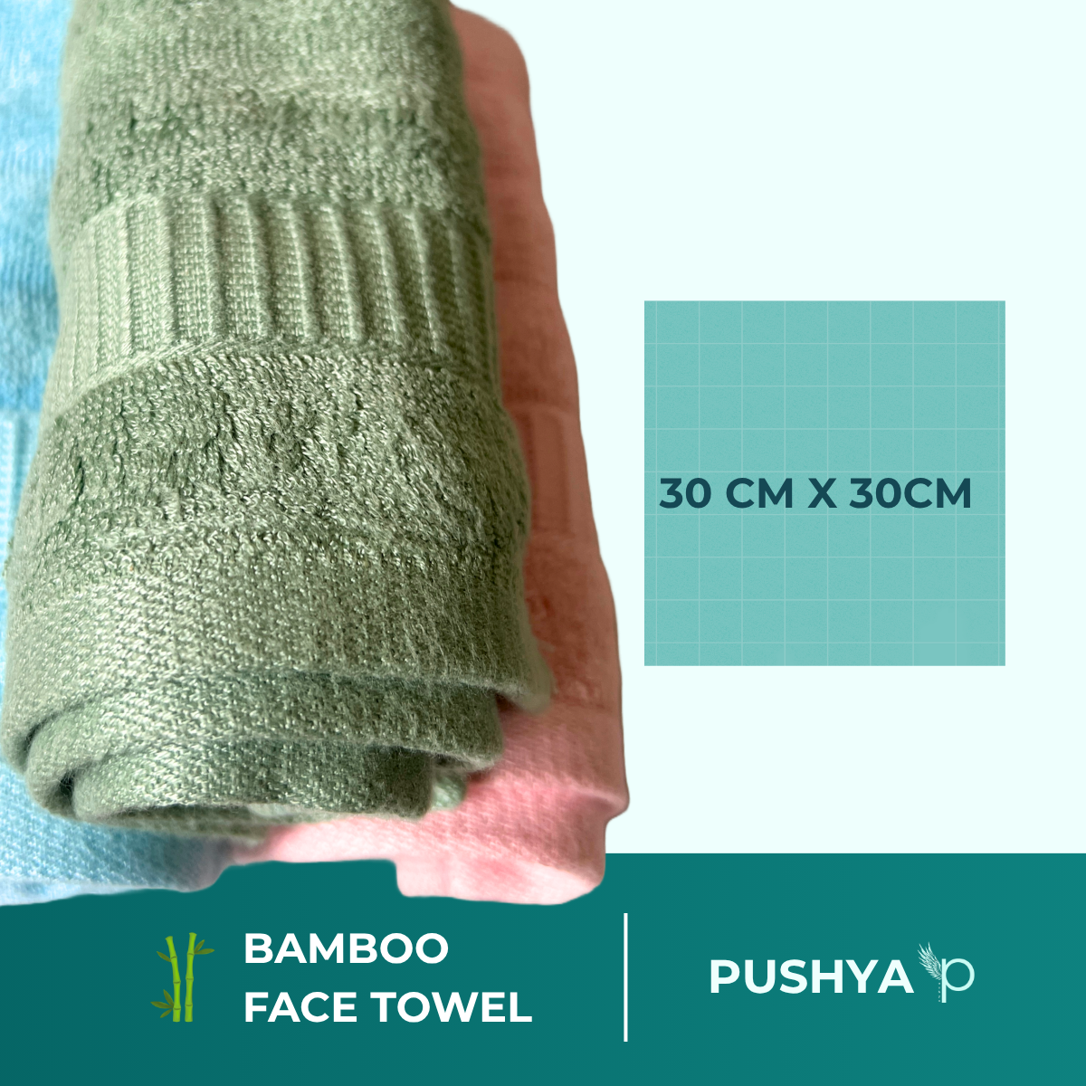 100% Bamboo Face Towel – Set of 3 (Pink, Blue & Sea Green) | Ultra-Soft, Hypoallergenic, Sweat-Absorbing, Skin-Friendly Towels for Gym, Travel, Skincare | 30x30 cm – Pushya