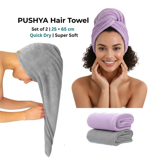 Pushya Microfiber Hair Towel Wrap for Women |SET OF 2| – Quick Dry, Super Absorbent, Anti-Frizz | Extra Long 25×65 cm | Pack of 2- Grey & Pink