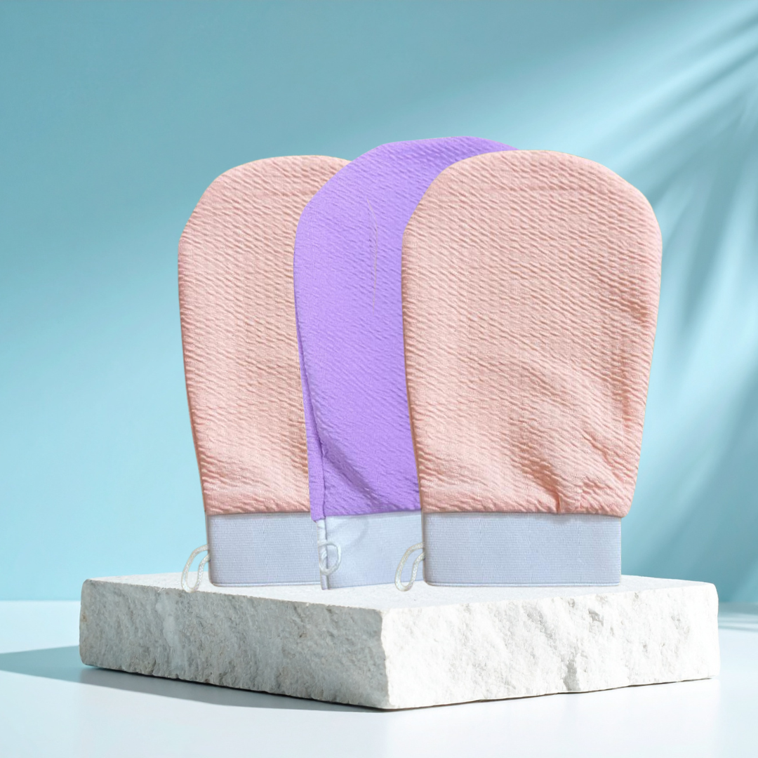 Plant Based- Moroccan Hammam Body Exfoliating Glove |SET OF 3 (Pink & Purple) |Deep Exfoliation for Tan Removal, Ingrown Hair & Smooth Skin